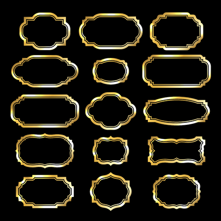 Gold frame. Beautiful simple golden design. Vintage style decorative border, isolated on black background. Deco elegant art object. Empty copy space for decoration, photo, banner. Vector illustration.のイラスト素材