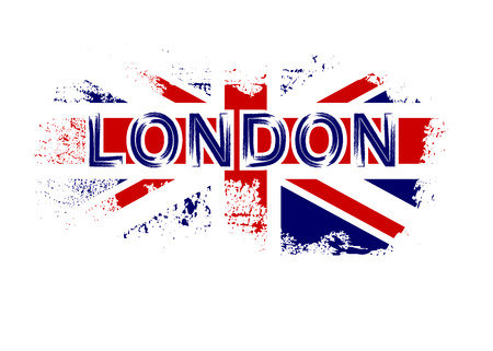 British flag t shirt typography graphics. Red and white design with London, isolated on white background. Symbol of England, Britain United Kingdom. Template apparel, card, poster. Vector illustrationのイラスト素材