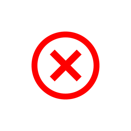 Cross sign element. Red X icon isolated on white background. Simple mark graphic design. Round shape button for vote, decision, web. Symbol of error, check, wrong and stop, failed. Vector illustrationのイラスト素材