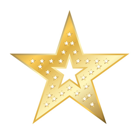 Gold american star sign. Golden bright icon isolated on white background. Elegance metal object. Metallic graphic. Design element for award, medal. Symbol holiday, christmas. Vector illustrationのイラスト素材