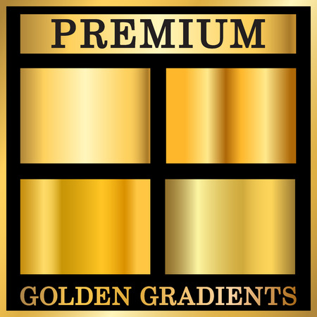 Gold texture square patterns set. Light realistic, shiny, metallic empty golden gradient templates collection. Abstract metal decoration. Design for award, sale, background, web Vector Illustrationのイラスト素材