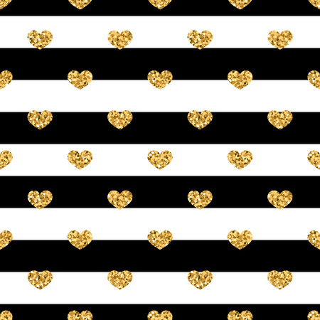 Golden hearts stripes seamless pattern. Gold glitter and black template. Abstract texture. Retro Valentine day design for card, wallpaper, wrapping, textile, fabric etc. Vector Illustrationのイラスト素材