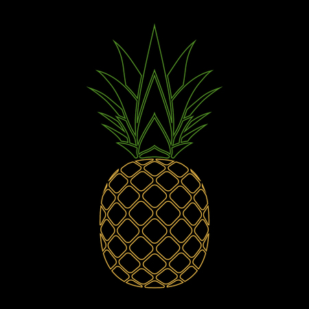 Pineapple with leaf silhouette icon. Tropical fruit isolated on black background. Symbol of food, exotic and summer, vitamin, healthy. Nature logo. Flat concept. Design element Vector illustrationのイラスト素材