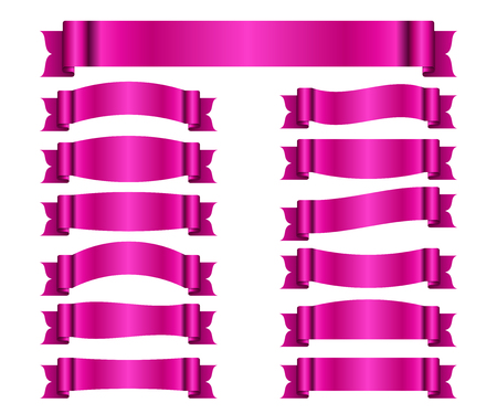Pink ribbons set. Satin blank banners collection. Design label scroll blanks element, isolated on white background. Empty template for greeting or advertising. Symbols decoration Vector illustrationのイラスト素材