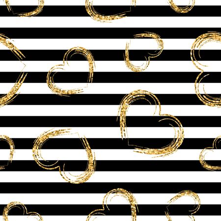 Golden grunge hearts stripes seamless pattern. Gold glitter and black template. Abstract texture. Retro Valentine day design for card, wallpaper, wrapping, textile, fabric. Vector Illustrationのイラスト素材
