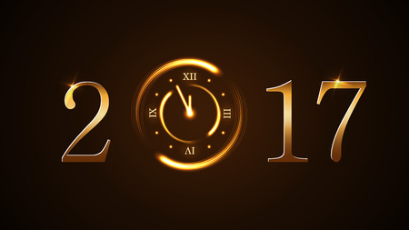 Happy New Year background with magic gold clock countdown. Golden numbers 2017. Christmas night...