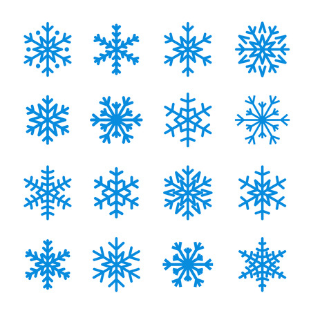 Snowflake icons set. Blue silhouette snowflakes signs, isolated on white background. Flat design. Symbol of winter, snow, Christmas, New Year holiday. Graphic element decoration Vector illustrationのイラスト素材