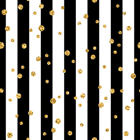 Gold polka dot on lines seamless pattern background. Golden foil confetti. Black and white stripes. Christmas glitter design decoration for card, wallpaper, wrapping, textile. Vector Illustrationのイラスト素材