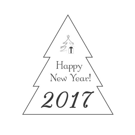 Christmas tree card with star, gift. Cartoon icon. Black silhouette decoration sign, isolated on white background. Flat design. Symbol holiday, Christmas, New Year celebration Vector illustrationのイラスト素材