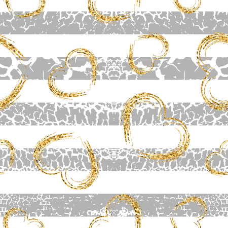 Gold grunge hearts craquelure stripes seamless pattern. Golden glitter confetti. White and gray background. Love Valentine day, wedding design card, wallpaper, wrapping, textile Vector Illustrationのイラスト素材