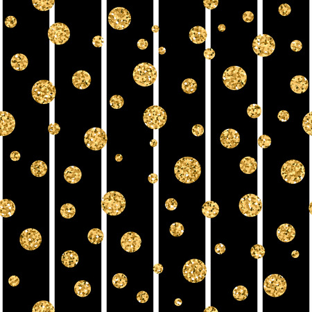 Gold polka dot on lines seamless pattern background. Golden foil confetti. Black and white stripes. Christmas glitter design decoration for card, wallpaper, wrapping, textile. Vector Illustrationのイラスト素材
