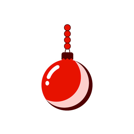 Christmas tree ball with chain. Red bauble decoration, isolated on white background. Symbol of Happy New Year, Xmas holiday celebration, winter. Flat design for card. Vector illustrationのイラスト素材