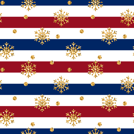 Christmas gold snowflake seamless pattern. Golden glitter snowflakes on blue, red, white lines background. Winter snow design wallpaper. Symbol holiday, New Year celebration Vector illustrationのイラスト素材
