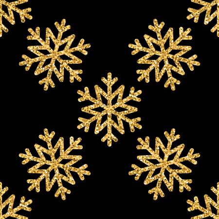 Christmas snowflake seamless pattern. Gold snow black background. Golden abstract shine wallpaper, wrapping texture. Symbol Merry Xmas holiday, Happy New Year celebration. Vector illustrationのイラスト素材