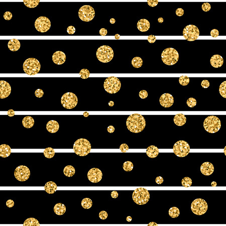 Gold polka dot on lines seamless pattern background. Golden foil confetti. Black and white stripes. Christmas glitter design decoration for card, wallpaper, wrapping, textile. Vector Illustrationのイラスト素材