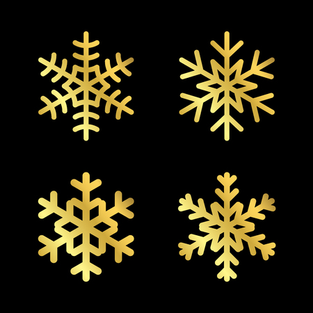 Gold Christmas snowflakes icons set. Golden silhouette snow flake sign isolated on black background. Elegant design card, decoration. Symbol winter, New Year holiday celebration Vector illustrationのイラスト素材