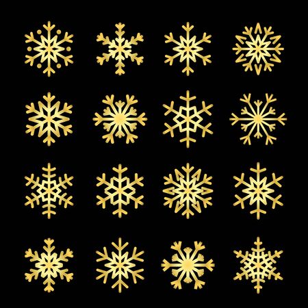Gold Christmas snowflakes icons set. Golden silhouette snow flake sign isolated on black background. Elegant design card, decoration. Symbol winter, New Year holiday celebration Vector illustrationのイラスト素材