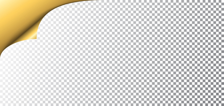 Gold metallic paper corner with shadow on transparent background. Golden turn empty sticker. Curl note label. Template curly edge sheet document. Decoration graphic element banner Vector illustrationのイラスト素材