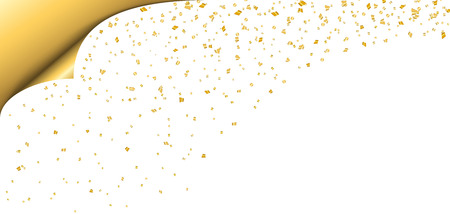 Gold confetti on white Christmas background. Paper corner sheet. Golden decoration glitter abstract design Happy New Year card, greeting, Xmas holiday celebrate. Space effect Vector illustrationのイラスト素材