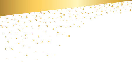 Gold bright confetti on white Christmas background. Golden decoration glitter abstract design Happy New Year card, greeting, Xmas holiday celebrate banner. Space effect. Vector illustrationのイラスト素材