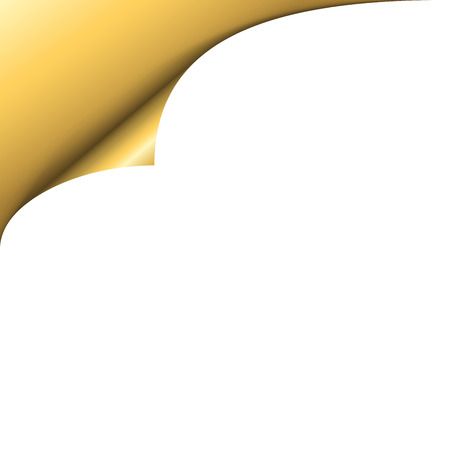 Gold metallic paper corner with shadow on white background. Golden turn empty sticker. Curl note label. Template curly edge sheet document. Decoration graphic element banner Vector illustrationのイラスト素材