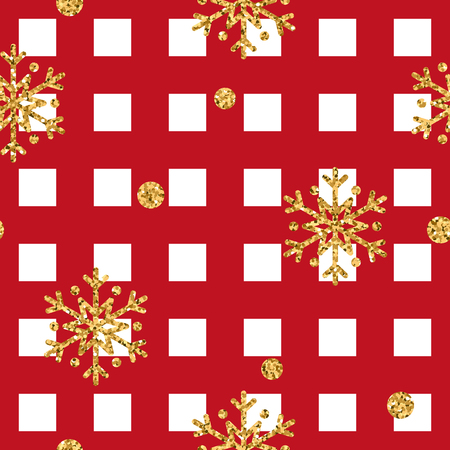 Christmas gold snowflake seamless pattern. Golden glitter snowflakes on red and white square background. Winter snow design wallpaper. Symbol holiday, New Year celebration Vector illustrationのイラスト素材