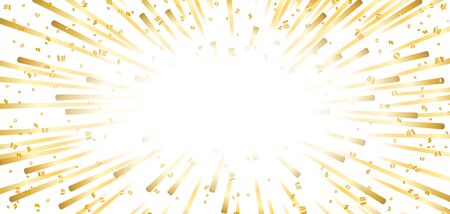Gold bright firework on white Christmas background. Golden decoration glitter abstract design Happy New Year card, greeting, Xmas holiday celebrate, invitation. Space effect Vector illustrationのイラスト素材
