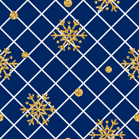 Christmas gold snowflake seamless pattern. Golden snowflakes on blue and white rhombus background. Winter snow texture wallpaper. Symbol holiday, New Year celebration Vector illustrationのイラスト素材
