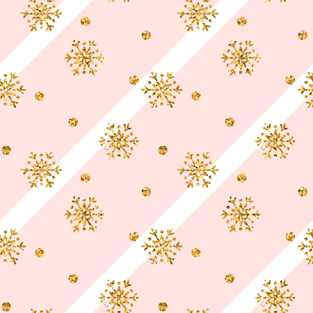 Christmas gold snowflake seamless pattern. Golden glitter snowflakes on pink white diagonal lines background. Winter snow design wallpaper Symbol holiday, New Year celebration Vector illustrationのイラスト素材
