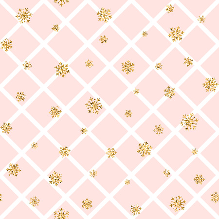 Christmas gold snowflake seamless pattern. Golden snowflakes on pink and white rhombus background. Winter snow texture wallpaper. Symbol holiday, New Year celebration Vector illustrationのイラスト素材