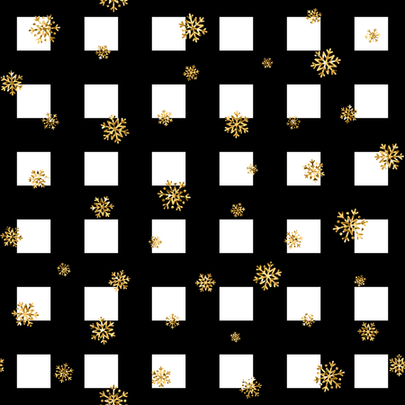 Christmas gold snowflake seamless pattern. Golden glitter snowflakes on black white square background. Winter snow design texture wallpaper Symbol holiday, New Year celebration Vector illustrationのイラスト素材
