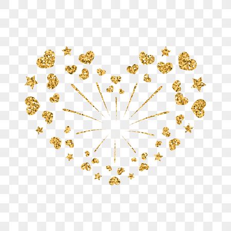 Heart firework gold. Beautiful flat golden firework isolated on transparent background. Bright decoration design Valentine day, romantic love card, wedding celebration, festival Vector illustrationのイラスト素材
