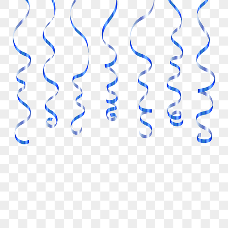 Blue curly ribbons. Serpentine on white transparent background. Colorful streamers. Design decoration party, birthday, Christmas, New Year celebration, anniversary, carnival Vector illustrationのイラスト素材