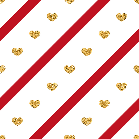 Gold heart seamless pattern. Golden glitter love confetti hearts on red white line background. Diagonal stripe. Design Valentine day, wedding wallpaper. Modern holiday texture Vector illustrationのイラスト素材