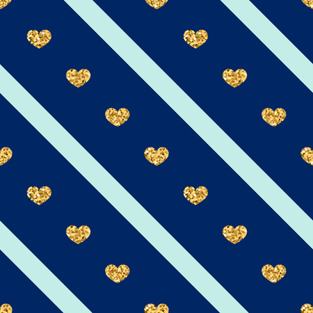 Gold heart seamless pattern. Golden glitter love confetti hearts on blue line background. Diagonal stripe. Design Valentine day, wedding wallpaper. Modern holiday texture Vector illustrationのイラスト素材