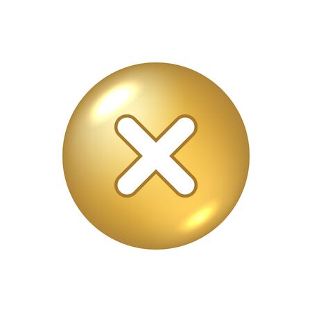 Cross sign gold element. Golden metal X icon isolated on white background. Mark graphic design. Volume button for vote, decision, web. Symbol error, check, wrong stop, failed. Vector illustrationのイラスト素材