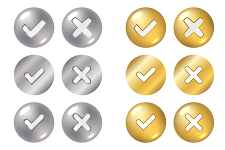 Tick and cross gold silver metallic sign element. Golden checkmark OK, X icon on white background. Check marks graphic design. YES, NO button for vote, decision, choice, web Vector illustrationのイラスト素材