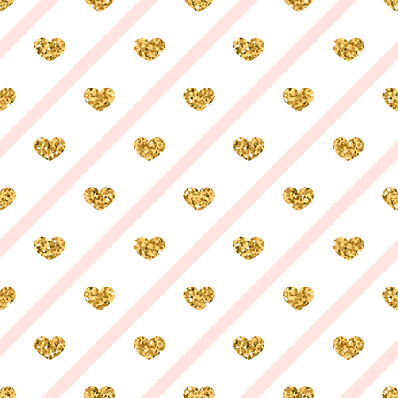Gold heart seamless pattern. Golden glitter love confetti hearts on white pink line background. Diagonal stripe. Design Valentine day, wedding wallpaper. Modern holiday texture Vector illustrationのイラスト素材