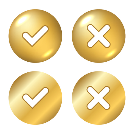 Tick and cross gold metallic sign element. Golden checkmark OK, X icon on white background. Check marks graphic design. YES and NO button for vote, decision, choice, web Vector illustrationのイラスト素材