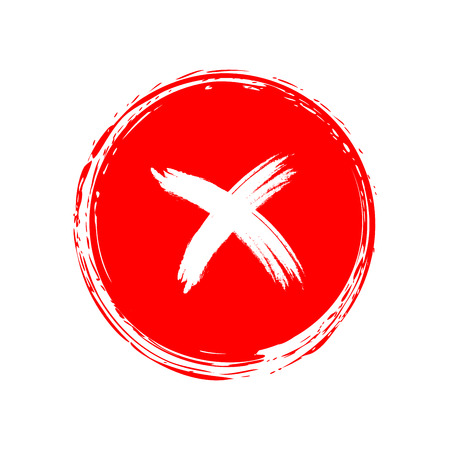 Cross sign element. Red grunge X icon isolated on white background. Simple mark design. Round button for vote, decision, web. Symbol of error, check, wrong and stop, failed. Vector illustrationのイラスト素材