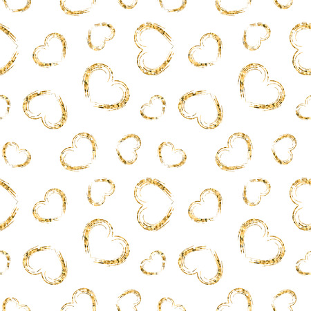 Golden hearts chaotic seamless pattern. Gold glitter and white doodle. Abstract grunge texture Retro print. Valentine day Design template card, wallpaper, wrapping, textile etc Vector Illustrationのイラスト素材