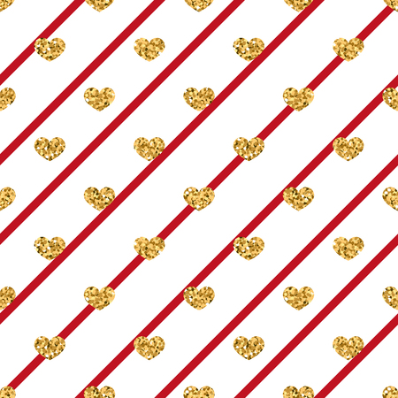 Gold heart seamless pattern. Golden glitter love confetti hearts on white red line background. Diagonal stripe. Design Valentine day, wedding wallpaper. Modern holiday texture Vector illustrationのイラスト素材