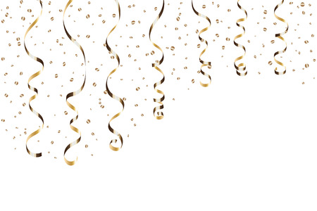 Gold curly ribbon confetti. Golden serpentine on white background. Colorful streamers. Design decoration party, birthday, Christmas, New Year celebration, anniversary, carnival Vector illustrationのイラスト素材