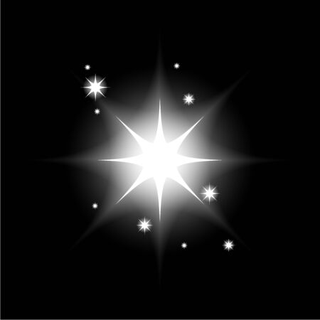 Shine star with glitter and sparkle icon. Effect twinkle, glare, glowing, graphic light sign. Transparent glow design element on dark background. Template bright flash decoration. illustration.の写真素材