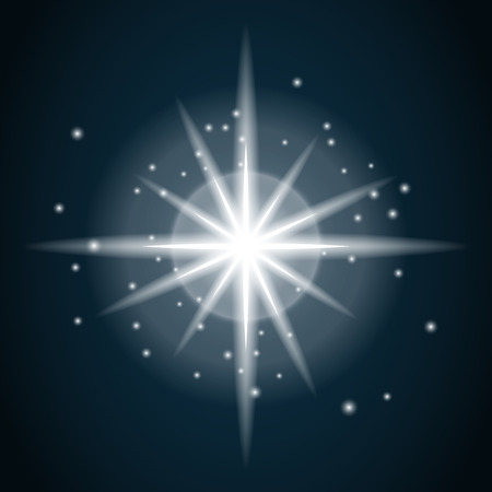 Shine star with glitter and sparkle icon. Effect twinkle, glare, glowing, graphic light sign. Transparent glow design element on dark background. Template bright flash decoration. illustration.の写真素材