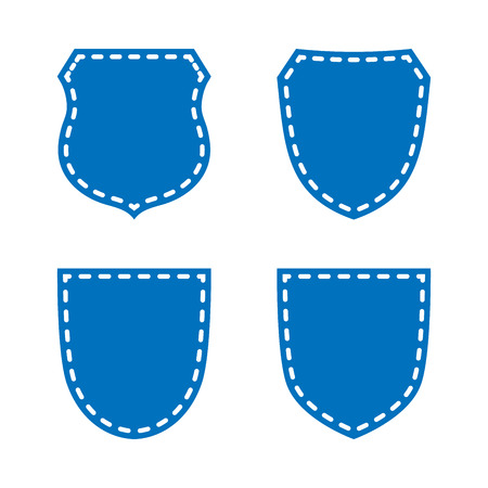 Shield shape icons set. Blue label signs isolated on white. Symbol of protection, arms, coat honor, security, safety. Flat retro style design. Element vintage heraldic emblem Vector illustrationのイラスト素材