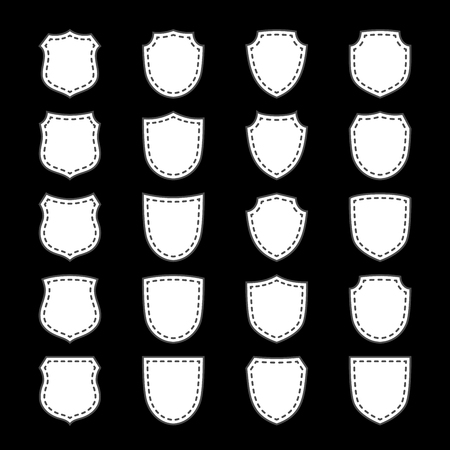 Shield shape icons set. White label signs isolated on black background. Symbol of protection, arms, security, safety. Flat retro style design. Element vintage heraldic emblem Vector illustrationのイラスト素材