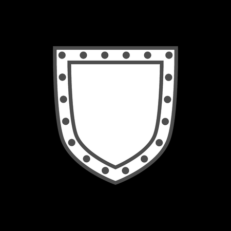 Shield shape icon. White silhouette sign isolated on black. Symbol of protection, arms, coat honor, security, safety. Flat retro style design. Element vintage heraldic emblem Vector illustrationのイラスト素材