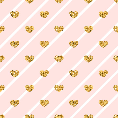 Gold heart seamless pattern. Golden glitter love confetti hearts on white pink line background. Diagonal stripe. Design Valentine day, wedding wallpaper. Modern holiday texture Vector illustrationのイラスト素材