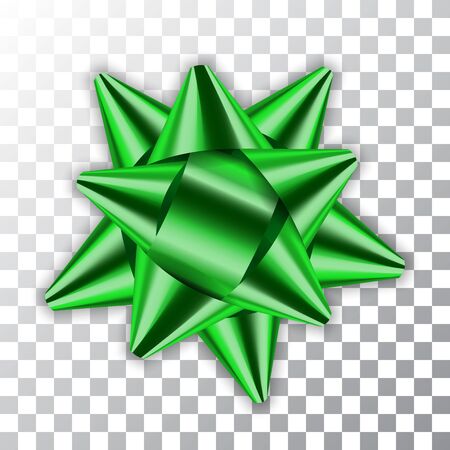Green bow ribbon decor element package Shiny color satin decoration gift present isolated white transparent background. Christmas New Year celebration, birthday holiday design Vector illustrationのイラスト素材